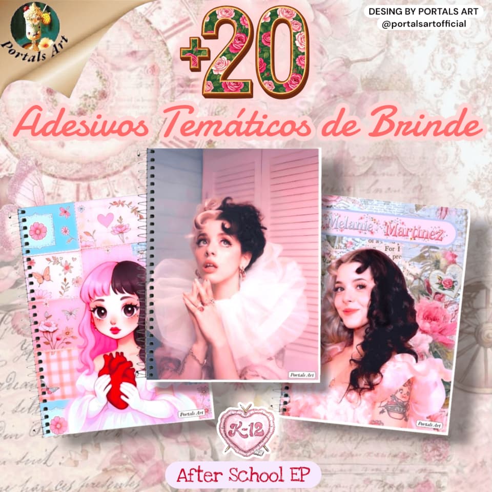 Caderno Personalizado Melanie Martinez + 20 adesivos tema k12 ou 20 adesivos tema After School A4