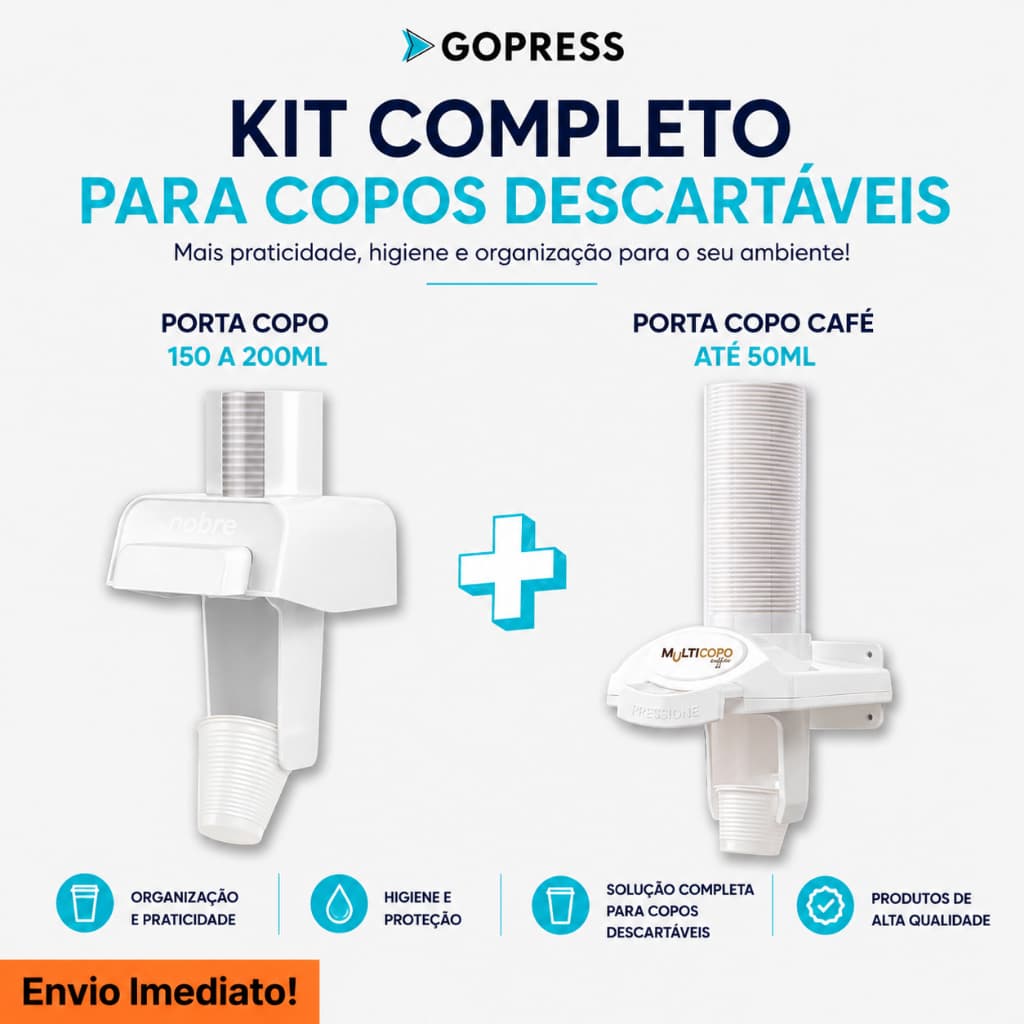 KIT PORTA COPOS DESCARTÁVEIS DE ÁGUA AUTOMÁTICO MULTICOPO NOBRE 150 a 200 ML + DISPENSER 50 ML CAFÉ