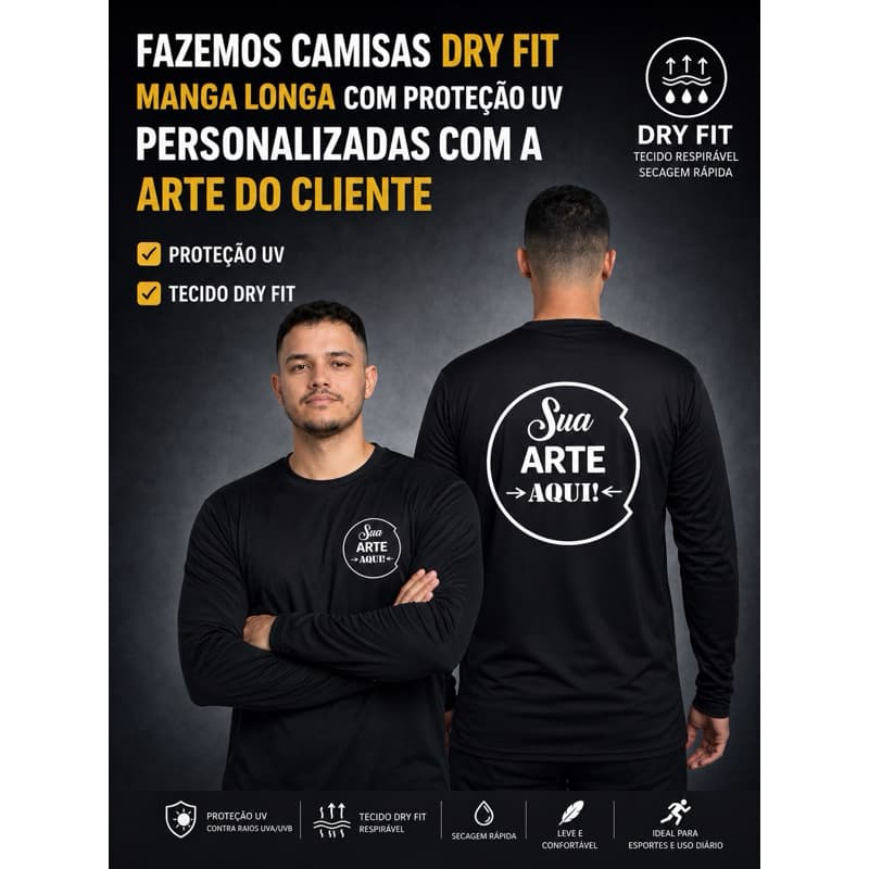 Camiseta Dry Fit Personalizada Manga Longa UV  Uniforme Empresa, Academia, Trabalho, Proteção Solar
