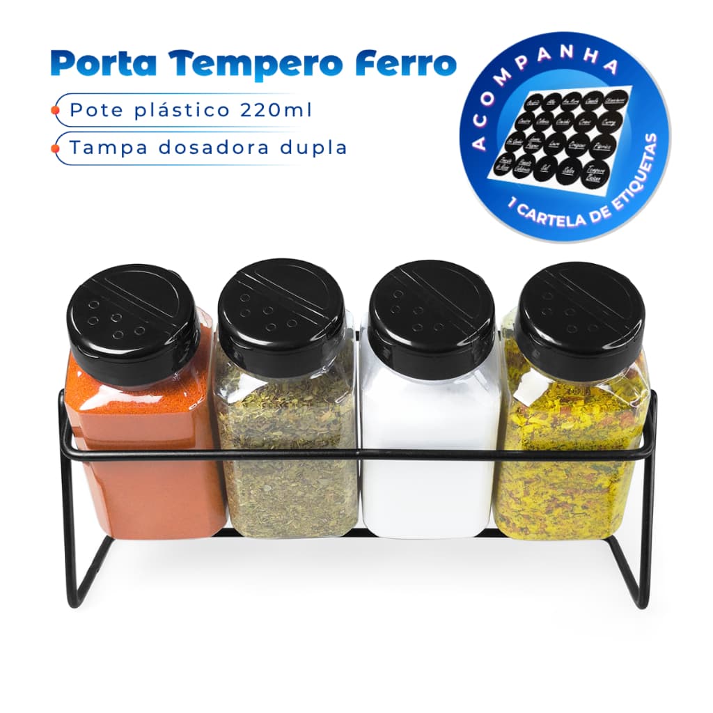1 Suporte de Mesa para Temperos Condimentos + 4 Potes 220ml Tampa Dupla com Etiquetas