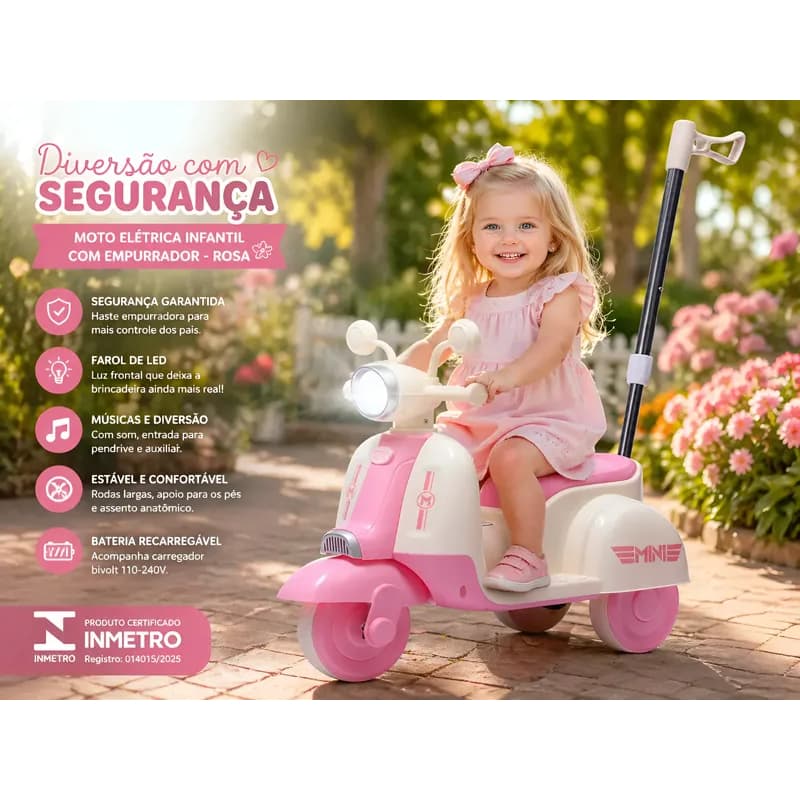 Moto Elétrica Infantil Rosa com Empurrador e Controle Parental, Luz LED, Som, USB/Auxiliar, Scooter Infantil Segura