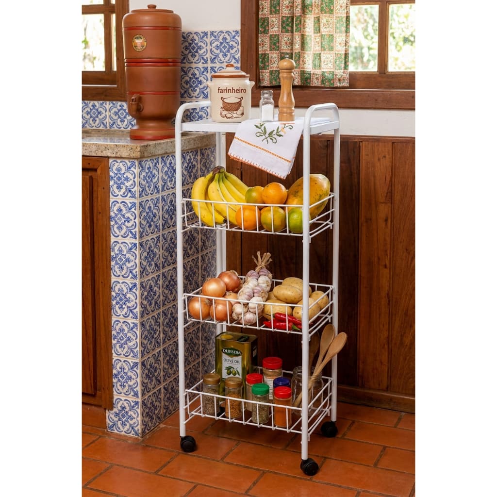 Fruteira Aramada 3 Andares com Rodinhas e Tampo de Madeira Design Moderno e Funcional  Organizador Fruteira 3 Andares