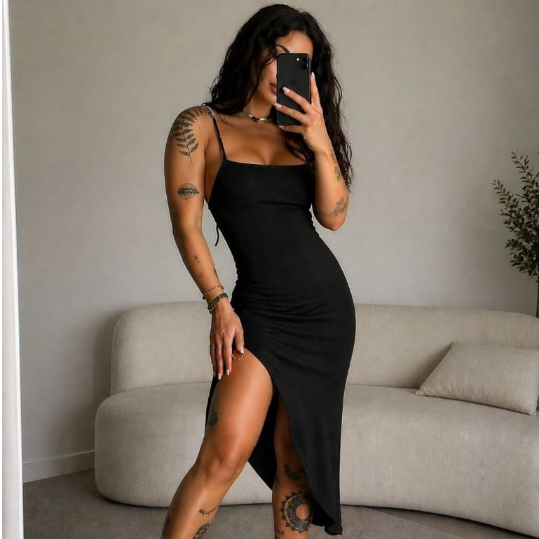 Vestido Mídi Suplex Premium com Alça e Puxador Regulável na Lateral  (Meggie)