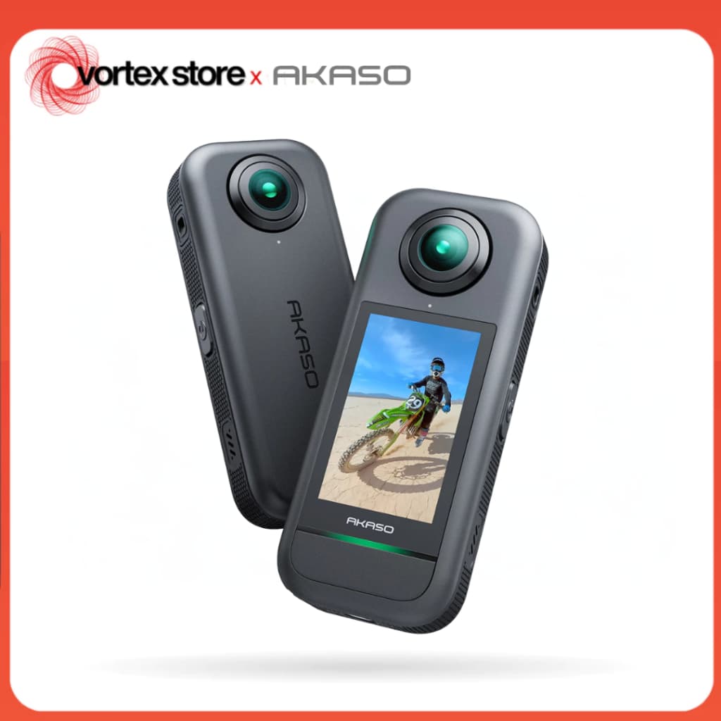 Câmera de Ação Akaso 360º, Câmera 72MP, Vídeo 5.7K, Com MicroSD 128GB, Efeito Selfie Stick