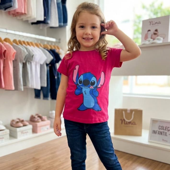Camiseta Infantil Feminina Stitch Algodão 2 a 14 Anos | Blusa Menina Estampada Colorida Moda Verão