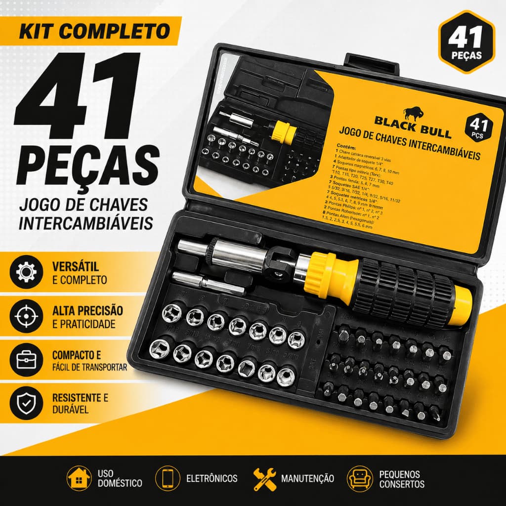 Jogo de Chaves Intercambiáveis 41 Peças Kit Completo com Bits e Soquetes Ferramentas Profissionais