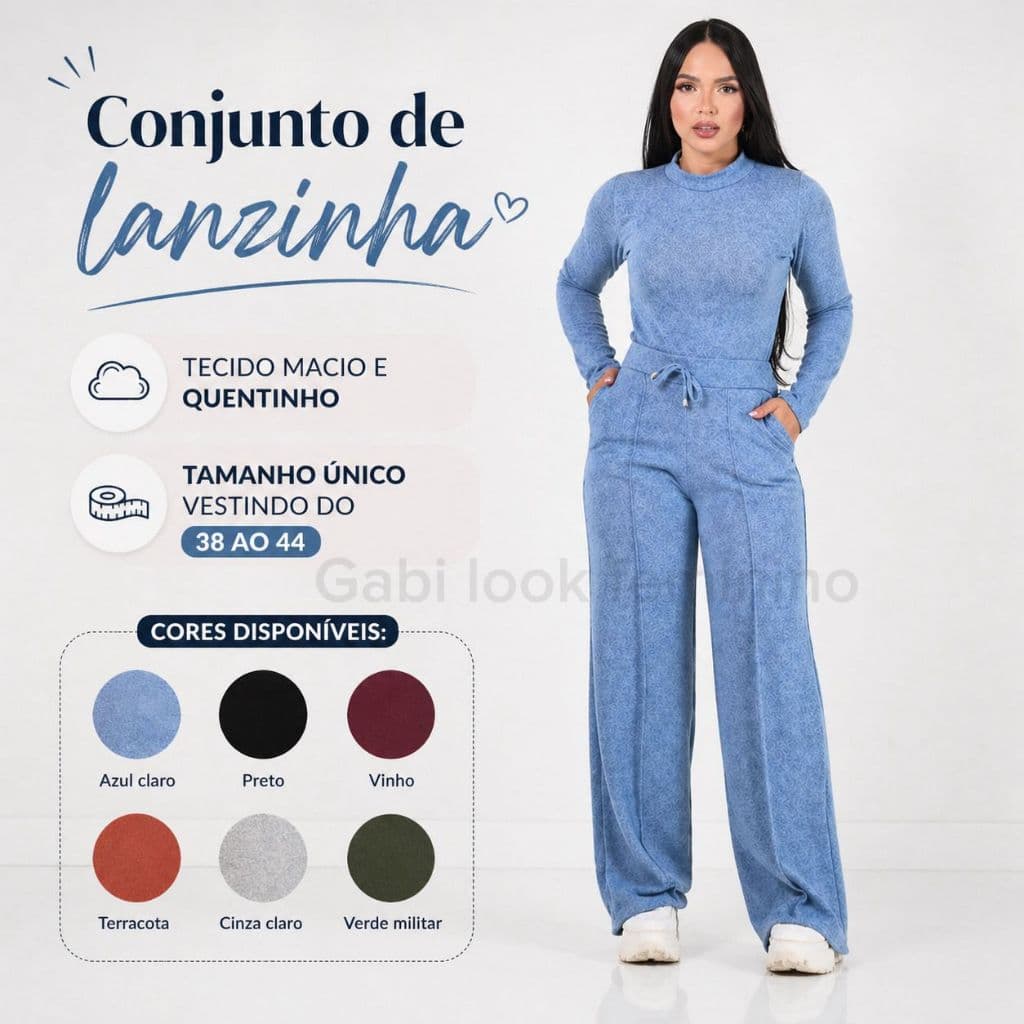 Conjunto Feminino de Lanzinha Cropped Manga Longa e Calça Moda Feminina