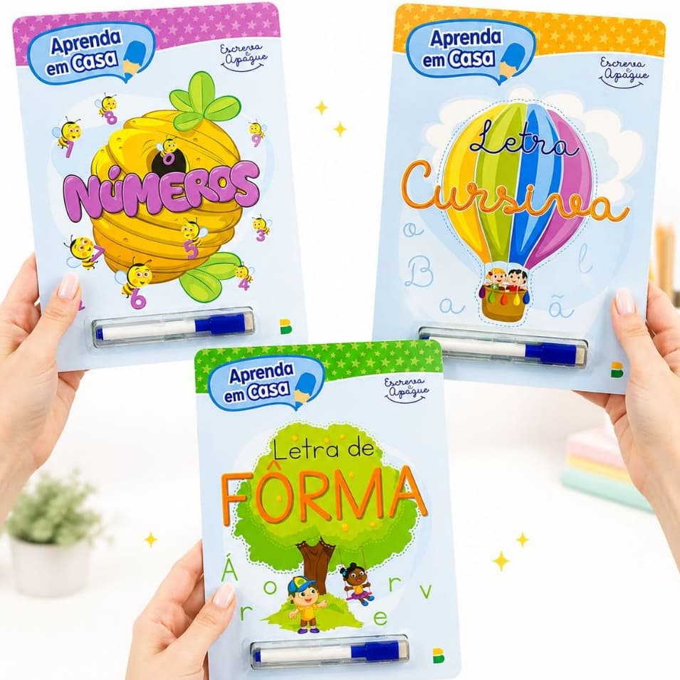 Livro Infantil Escreva e Apague Kit 3 Livros Números Letra Cursiva e Forma Caneta Educação Infantil Coordenação Motora