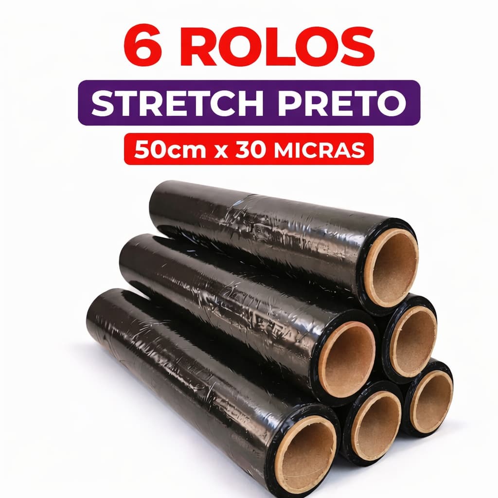Kit 6 Bobinas Filme Stretch Preto 50 cm  Embalar Correio Paletização - 30 Micras