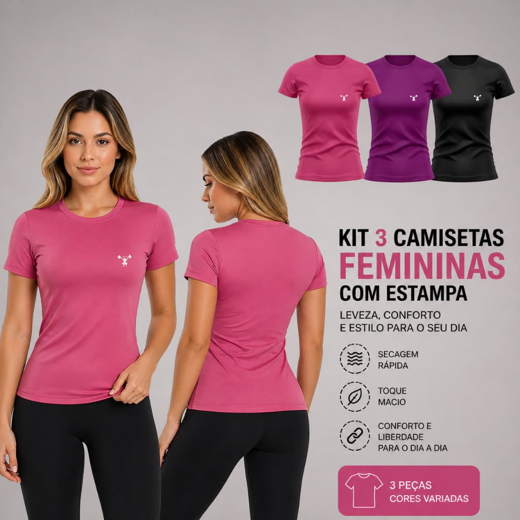 Kit 3 Camisetas Femininas Manga Curta Para Treino Academia Corrida Caminhada  Estampada Agachamento