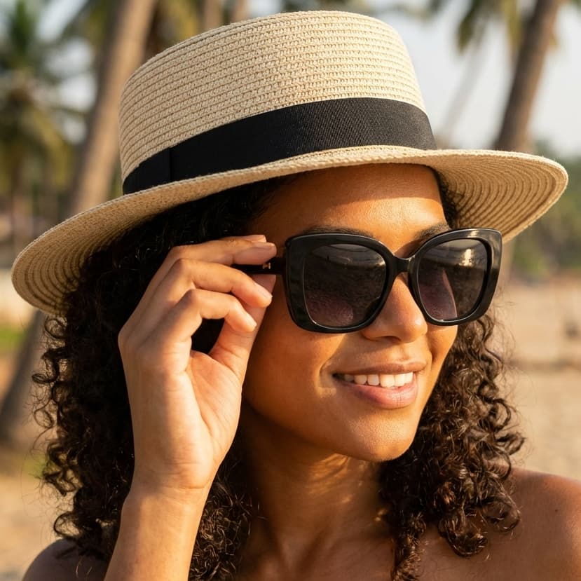 Kit Chapéu Praia Feminino Paris + Óculos Cat Eye UV400 Estilo Moderno Verão Elegante Luxo