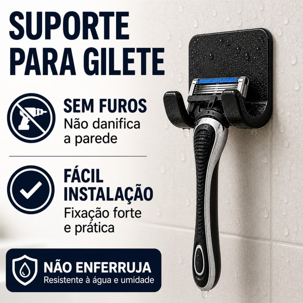 Suporte para aparelho de barbear Gillete Prestobarba sem furos Fixação Forte 3M Não enferruja
