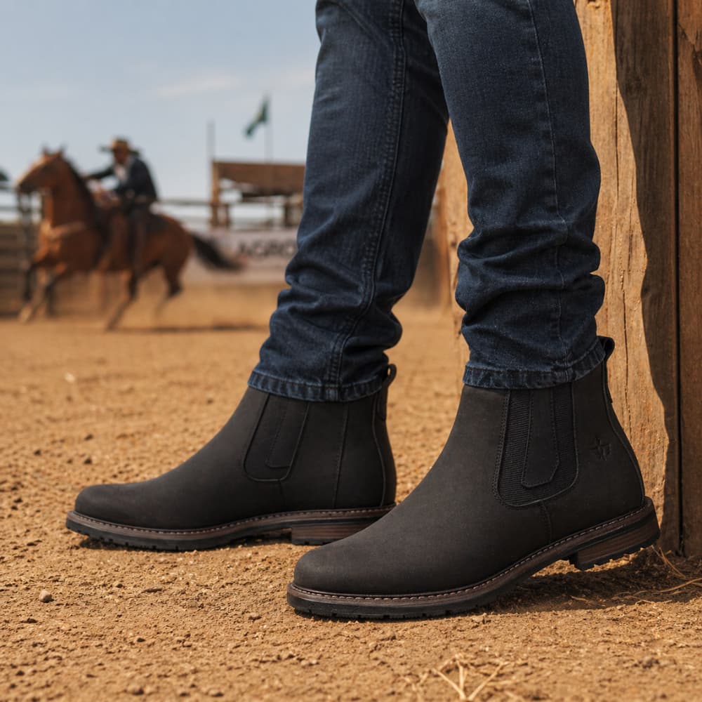 Botina Masculina Chelsea Couro Legitimo Crazy Horse Sola de Borracha Reforçada Bota Sertanejo