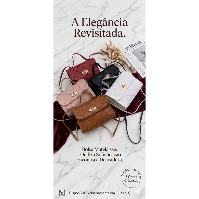 Bolsa Feminina Transversal Matelassê com Alça de Mão e Fecho Giratório – Coleção Elegance