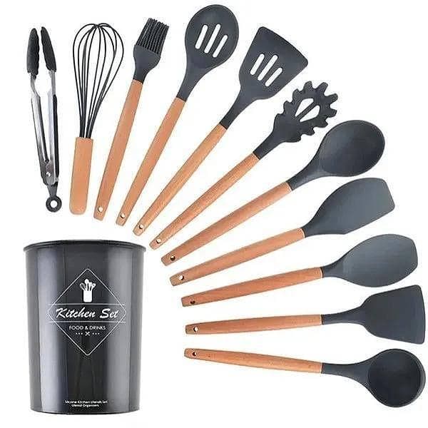 Kit Utensílios De Cozinha Silicone Cabo De Madeira Luxo 12 Peças
