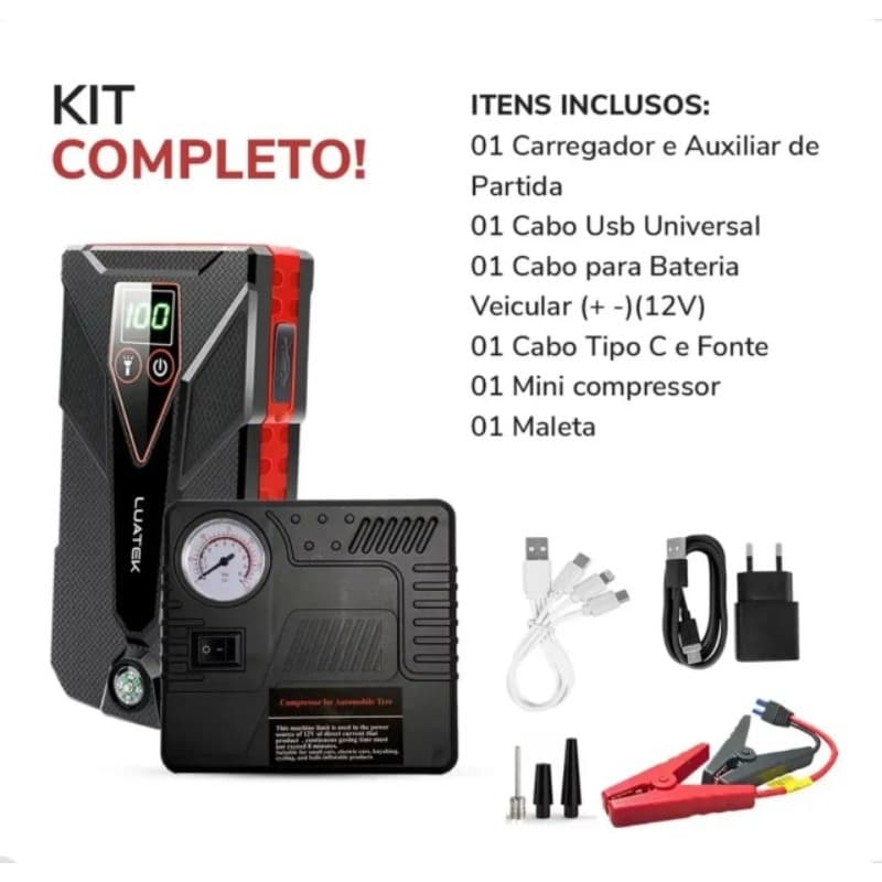 Auxiliar De Partida Carro Luatek Lk-u10 Compressor De Ar E Power Bank 12v 3.0l Portátil