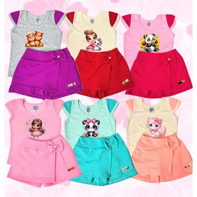 12 Peças - 6 Conjuntos Infantils SHORT saia e blusa com estampas Sortidas - moda verão