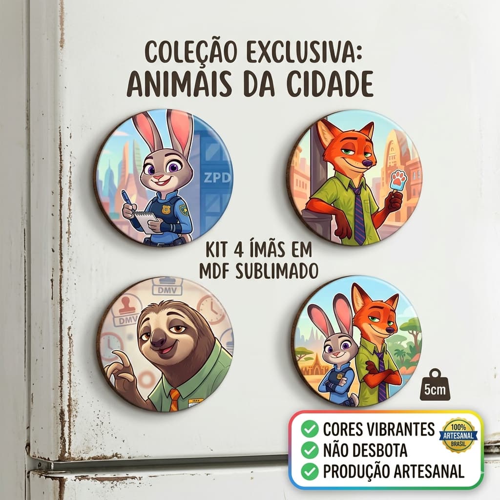 Kit 4 Ímãs Coleção Animais da Cidade - Fanart em MDF Sublimado - Raposa, Coelha e Preguiça