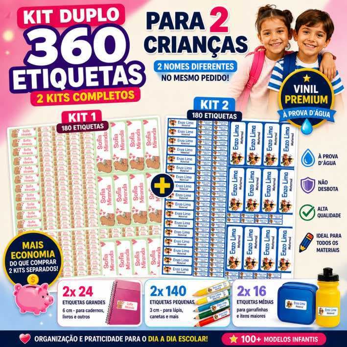 Kit Duplo 360 Etiquetas Escolares – 2 Nomes por pedido • Duas cartelas • Vinil Premium • À Prova d’Água •  +100 Temas