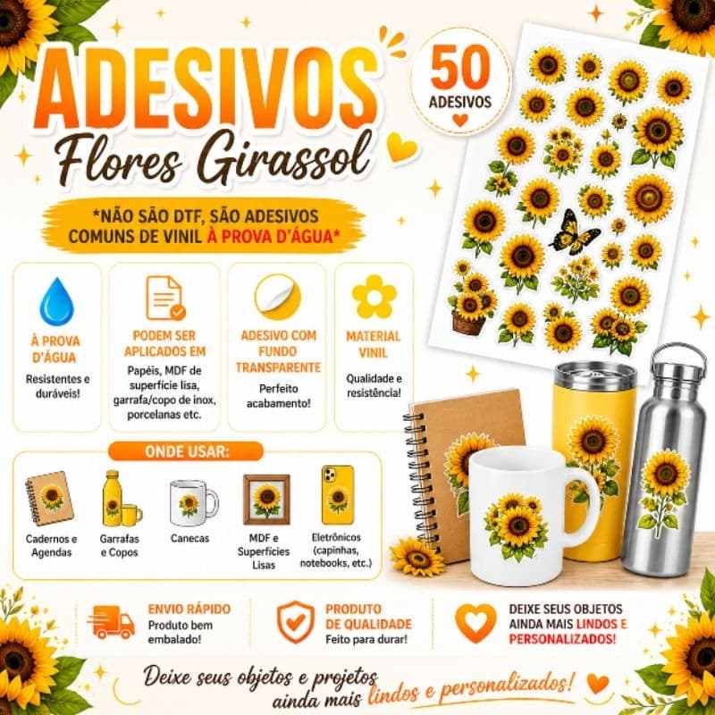 Kit 50 Adesivos Flores Girassol Fundo Transparente Vinil Á Prova D'água