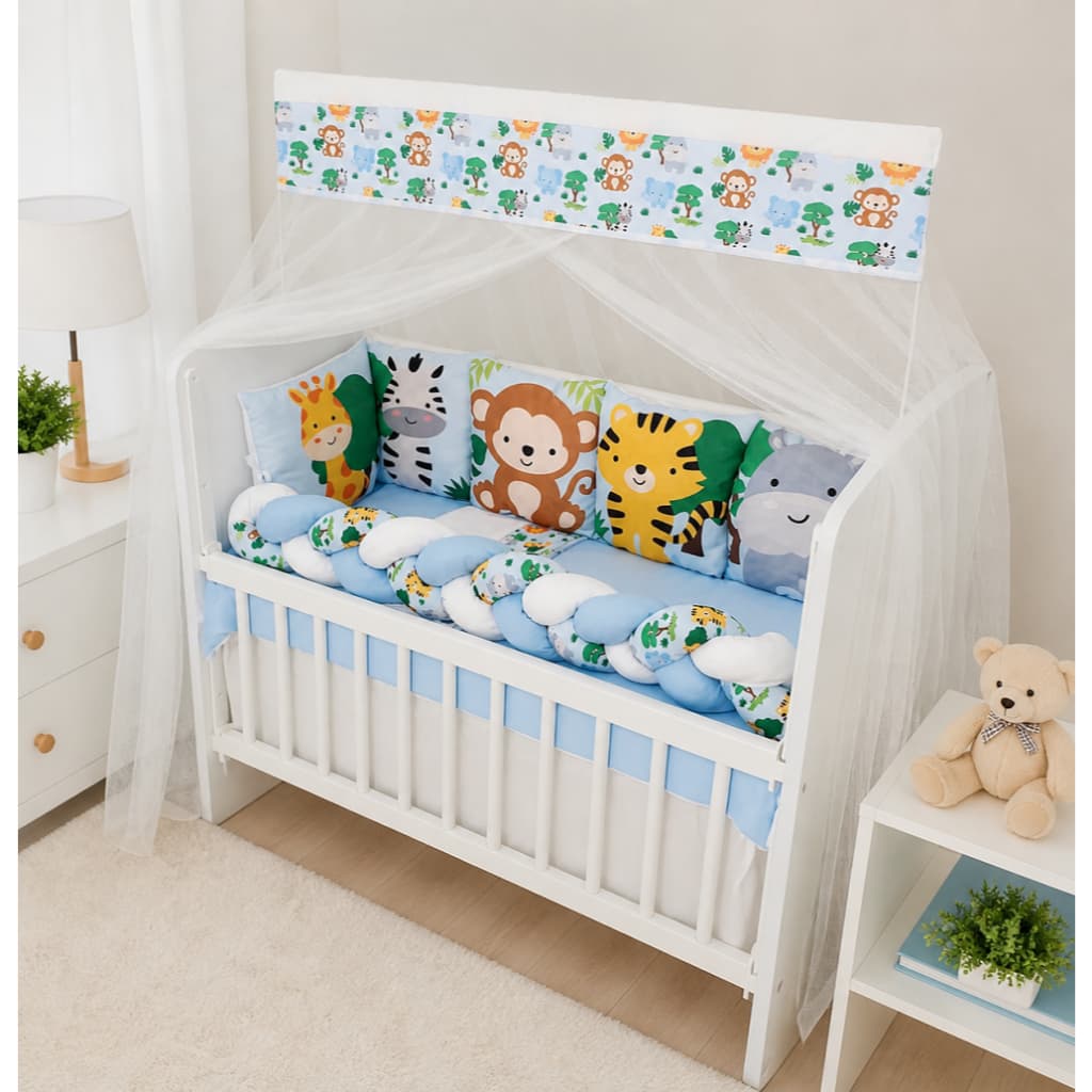 Kit Mini Berço com 12 peças + Saia de Berço Bebê Menino Safari