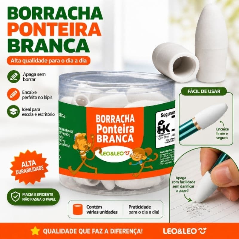 Kit 48 Borrachas Ponteira Branca Leo&Leo Macia Apaga Sem Manchar Encaixe Firme Escolar , escritório