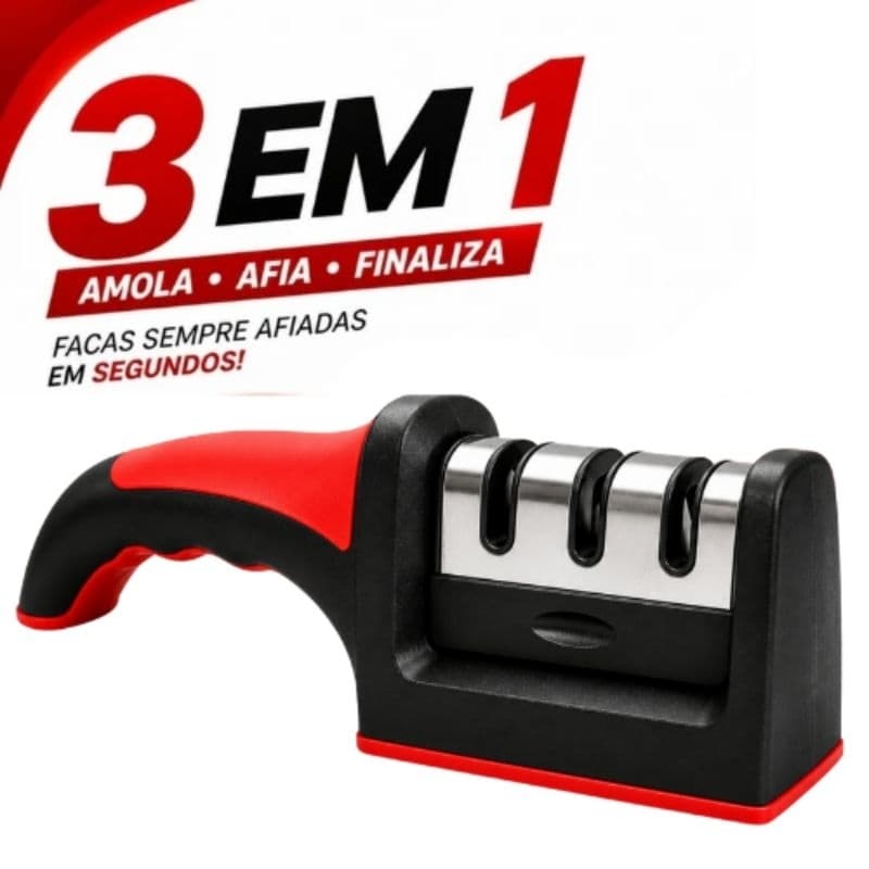 Amolador de Facas 3 em 1 Aço Inox com Cabo Anatômico Antiderrapante