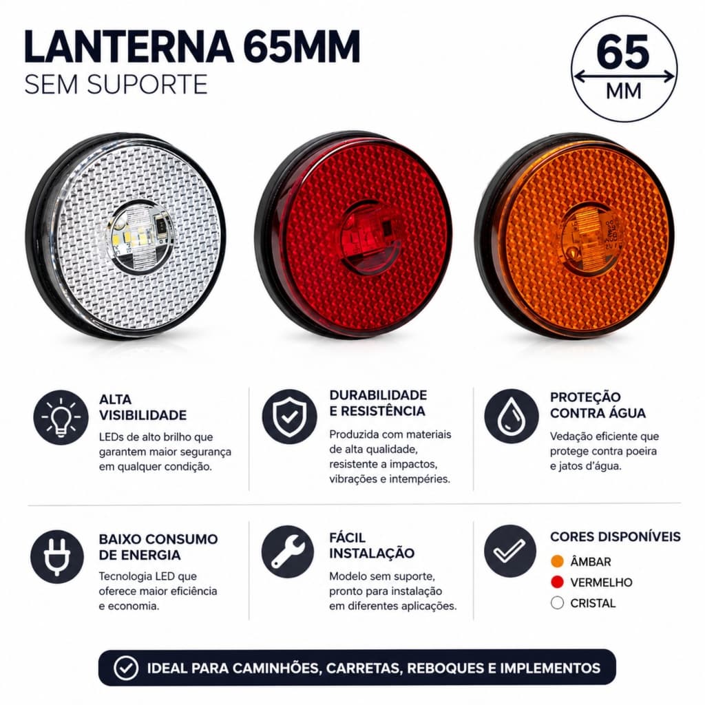 Lanterna Lateral Led Bivolt 65mm Sem Suporte Carreta Guerra