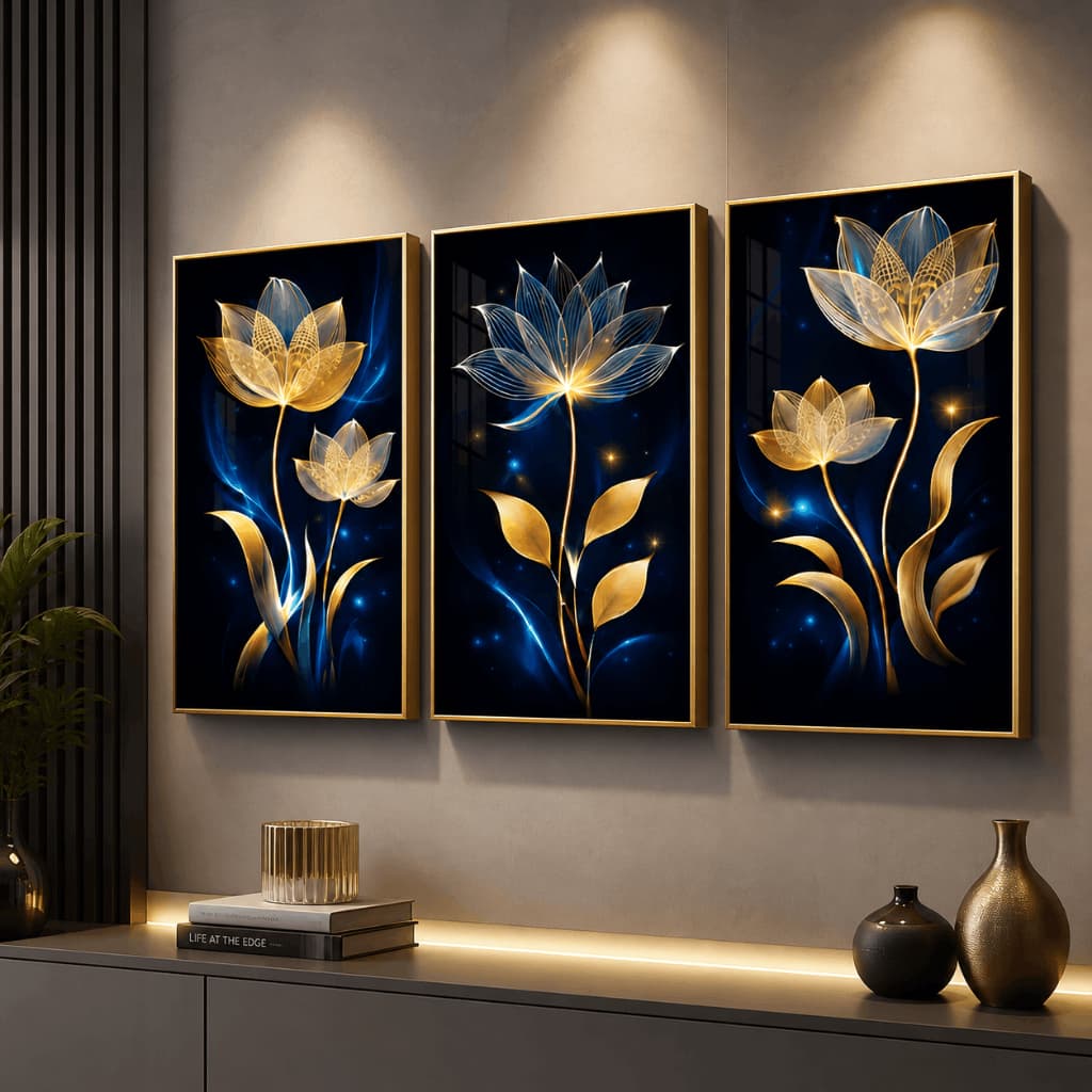 Kit 3 Quadros Decorativos Flores Douradas Azul Luxo Sala Quarto MDF