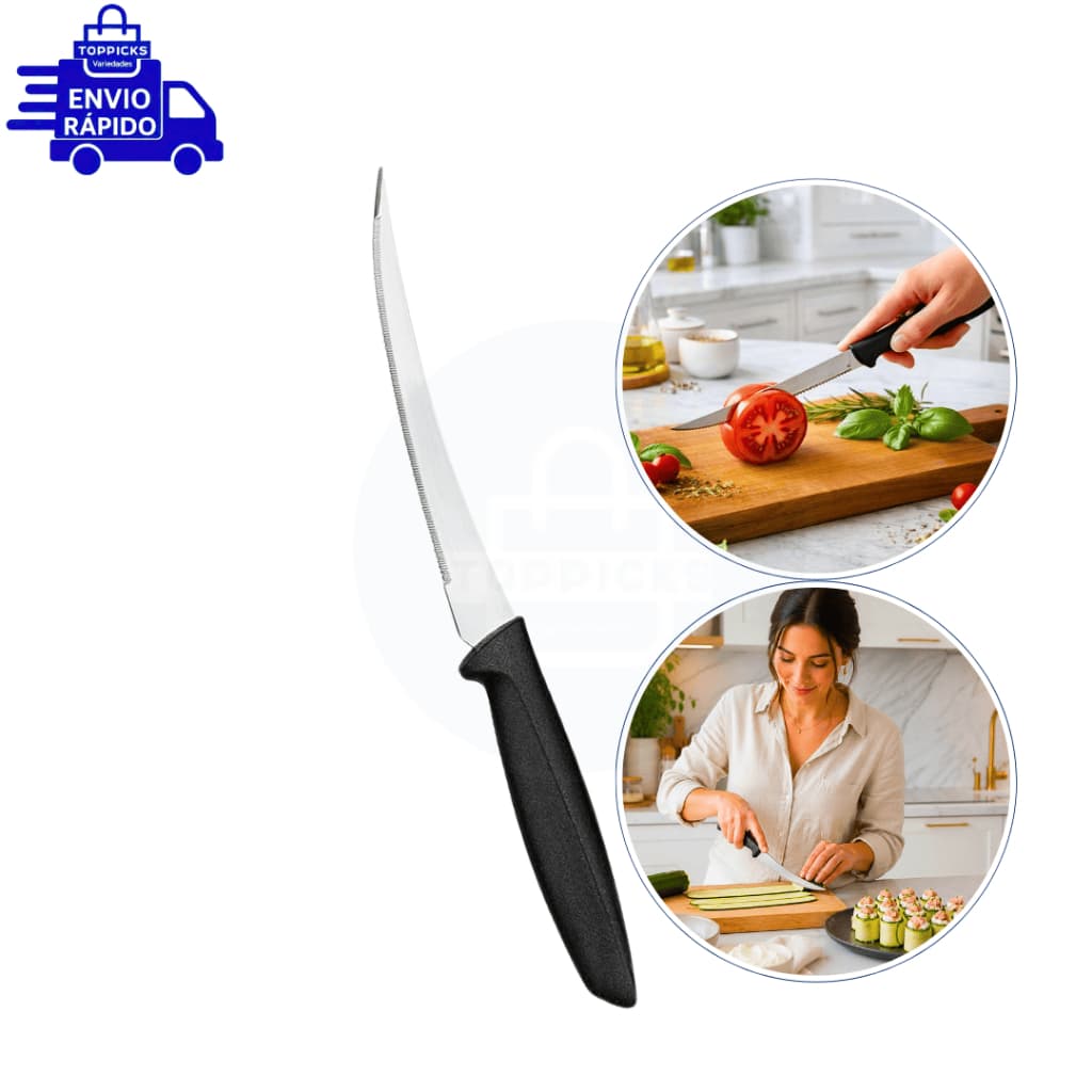 Faca De Tomate e Legumes Inox Serrilhada Curva 22,5Cm Corte Preciso Sem Esmagar Cabo Ergonômico
