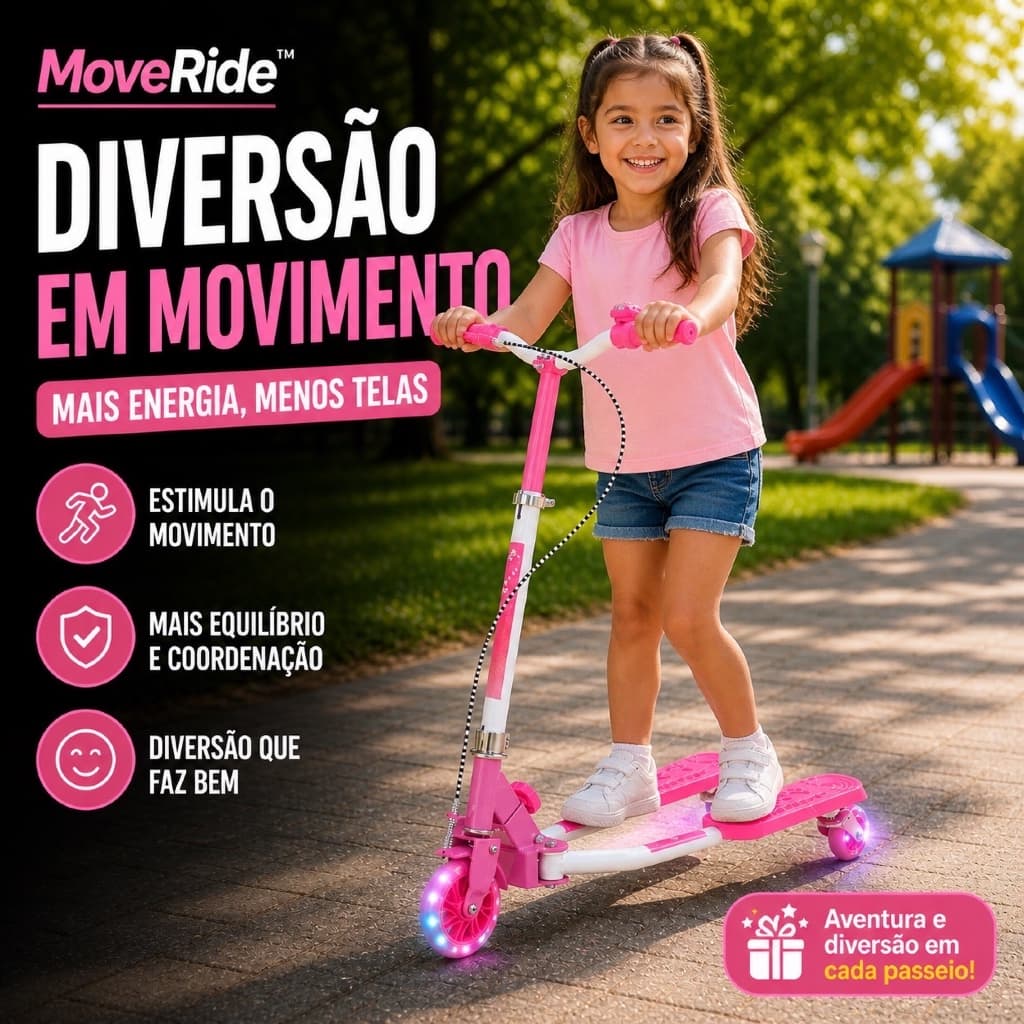 Patinete Infantil 3 Rodas MoveRide™ Rosa Dobrável LED Guidão Ajustável Criança 3+