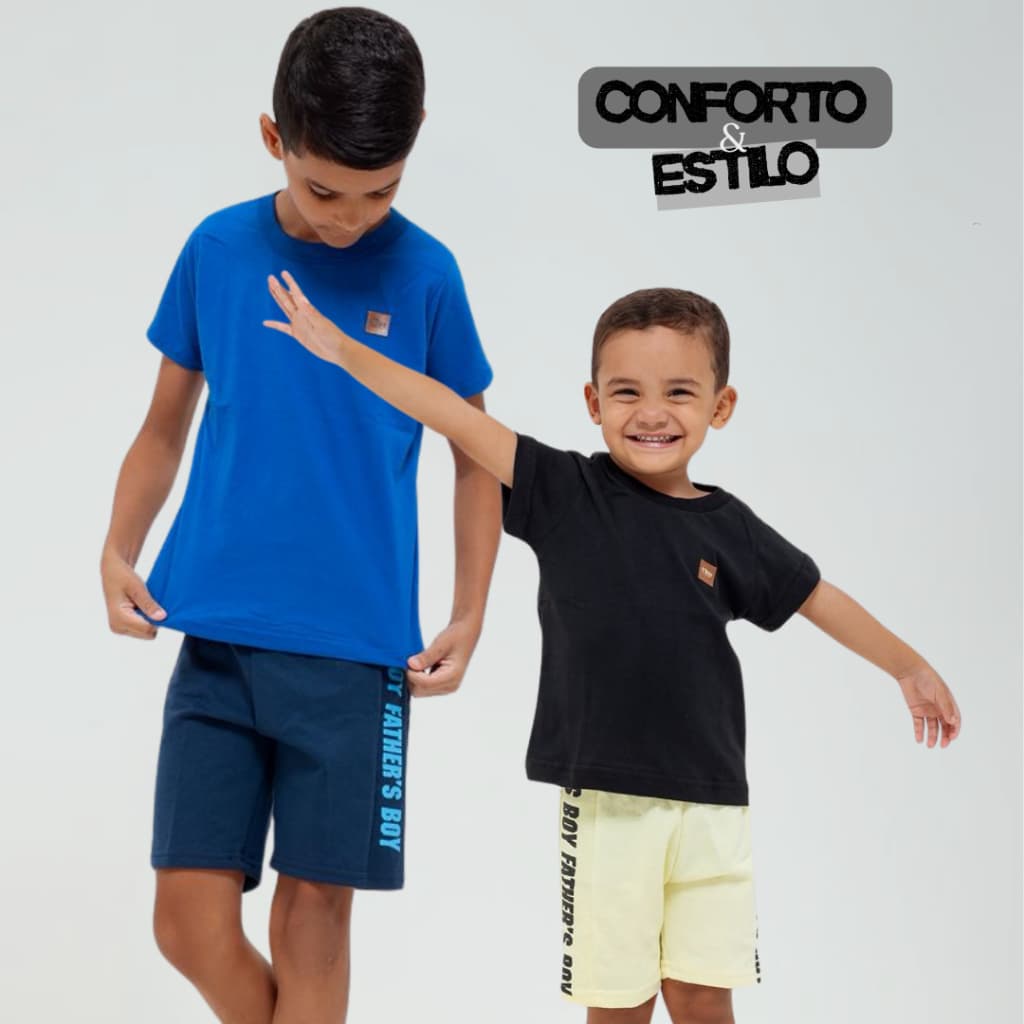 Conjunto Roupas Infantil Menino - Camiseta Algodão + Bermuda Moletom - Verão Masculino Casual Básico Confortável