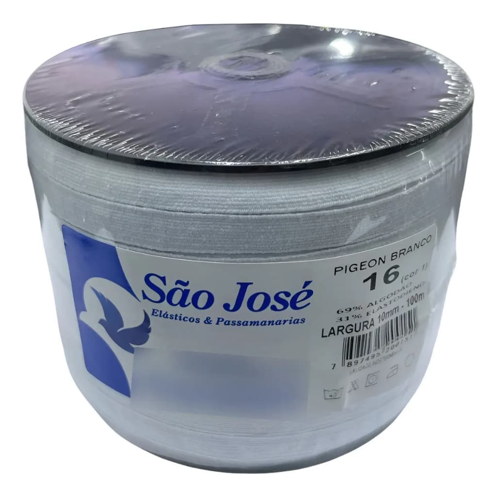 Elástico Algodão São José Branco 10mm Rolo 100m Tecido Liso