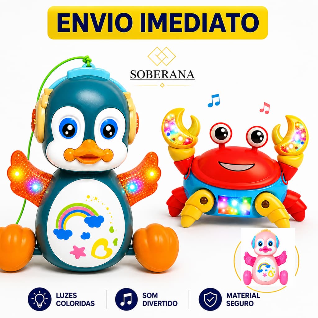 Brinquedos Pato Fujão Dançante e Caranguejo Fujão Musical Luz Led Infantil Time Tummy Interativo