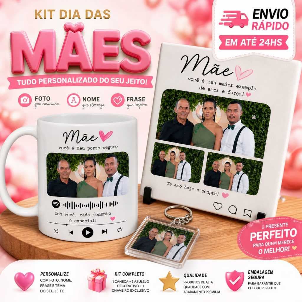 Kit Dia das Mães Personalizado Caneca + Azulejo + Chaveiro com Foto Nome e Frase | Envio Rápido