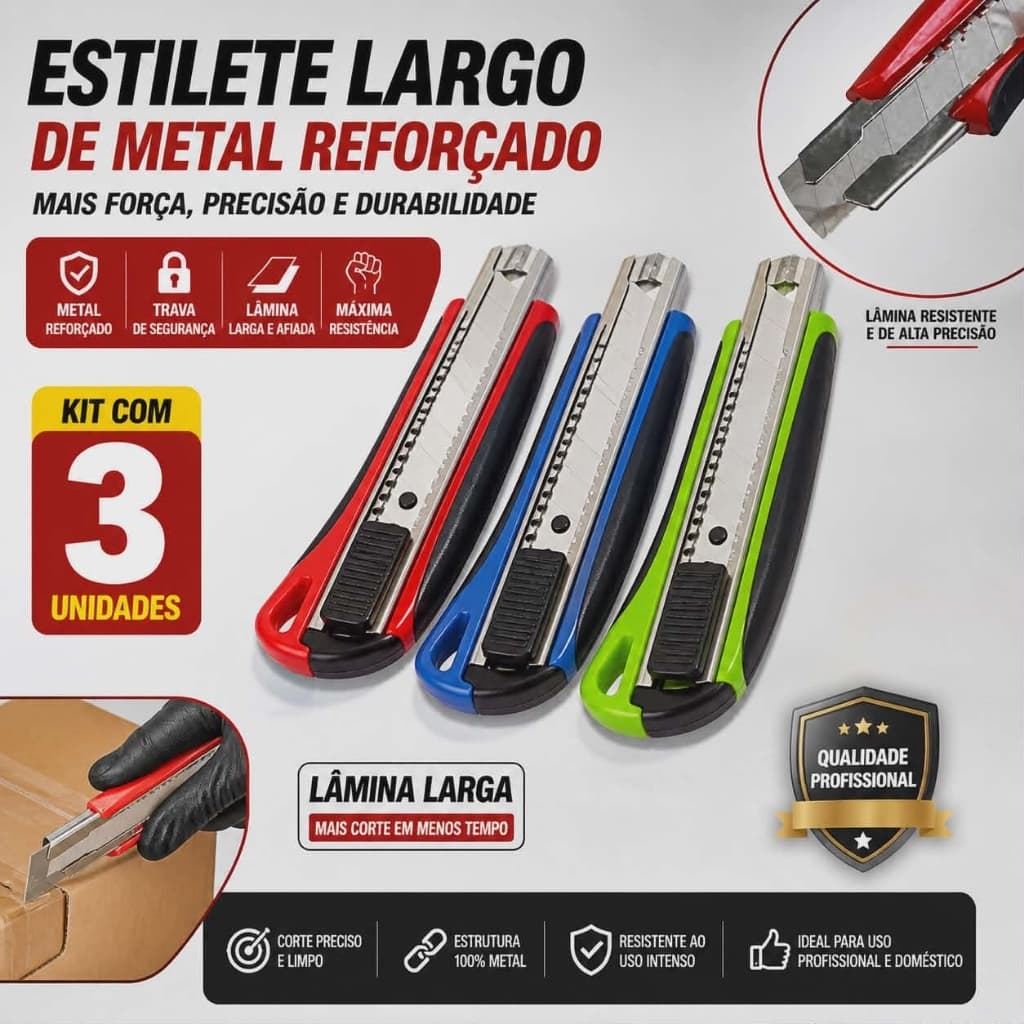 3 ESTILETE LARGO DE METAL ESTILETE REFORÇADO LAMINA LARGA DE FERRO ESTILETE GRANDE