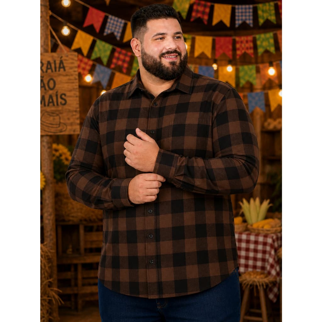 Camisa Xadrez Masculina Plus Size Manga Longa Flanelada Festa Junina