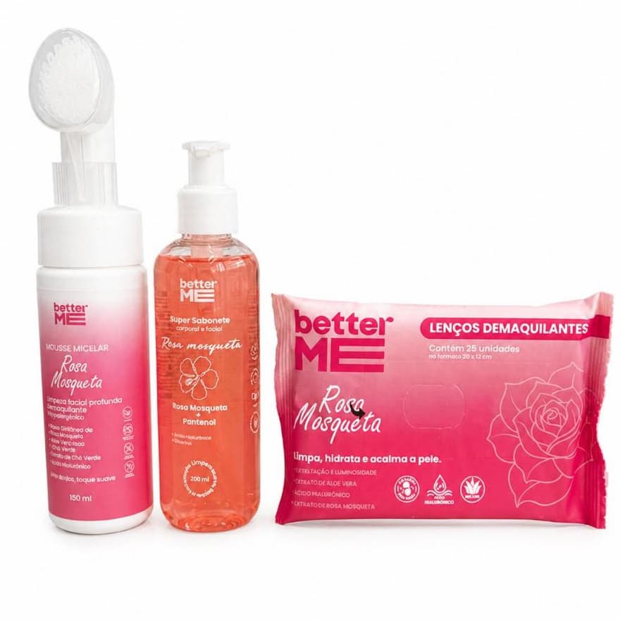 Kit de Limpeza Facial Rosa Mosqueta Better Me - Mousse, Sabonete e Lenço