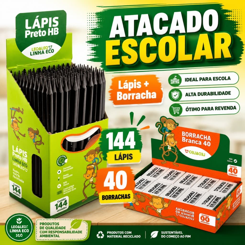 Lápis Preto HB 144un + Borracha Branca 40un Kit Escolar
