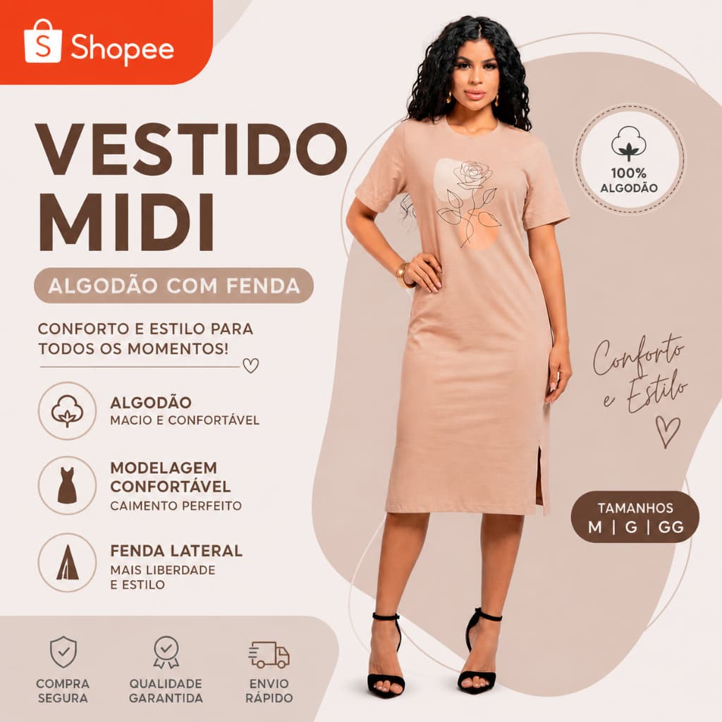 Vestido Fenda Feminino Algodão Básico Soltinho Verão