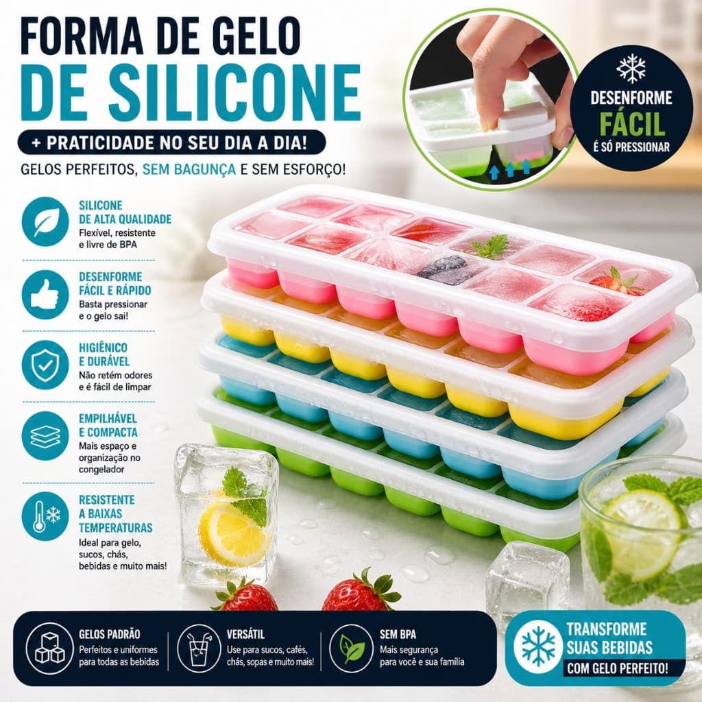 Forma De Gelo Silicone Com Tampa Flexivel Multiuso Papinha Suco