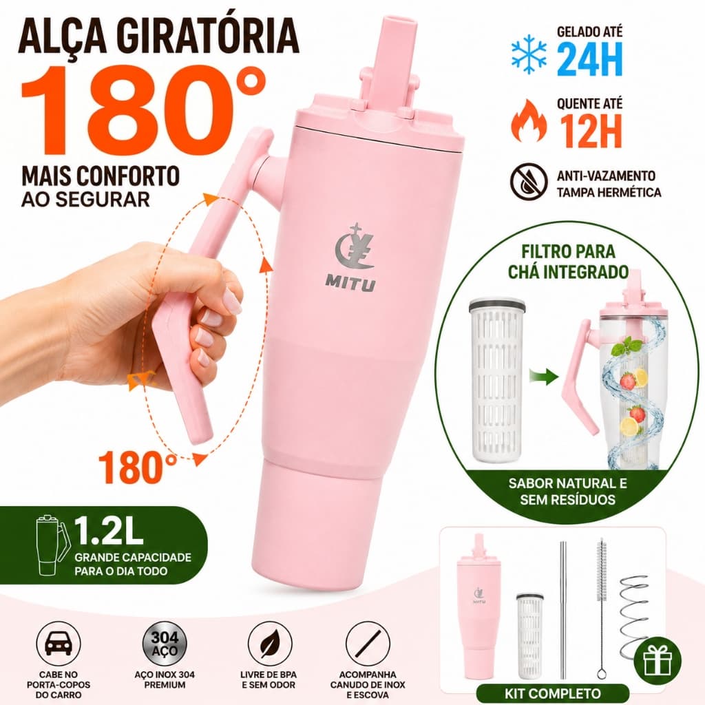 Copo Térmico 1.2L com Canudo de Aço Inox Retrátil - Garrafa de Grande Capacidade Estilo Moderno - Mantém Gelado/Quente