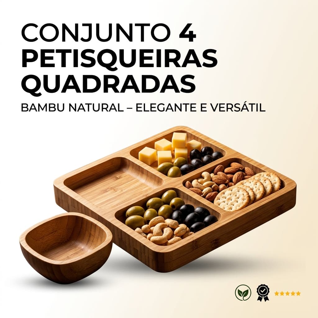 Conjunto Petisqueira Madeira Kit 4 Peças Quadrada Bandeja para Petiscos Frios Aperitivos Rústica