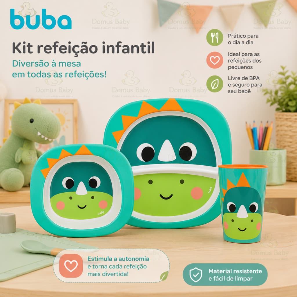 Kit Refeição Buba Zoo 3 Peças Prato Bowl e Copo Infantil