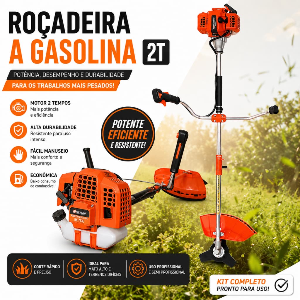 Roçadeira A Gasolina 75CC Bipartido Profissional + Lâmina 3 Pontas e Acessórios  a Mais Potente
