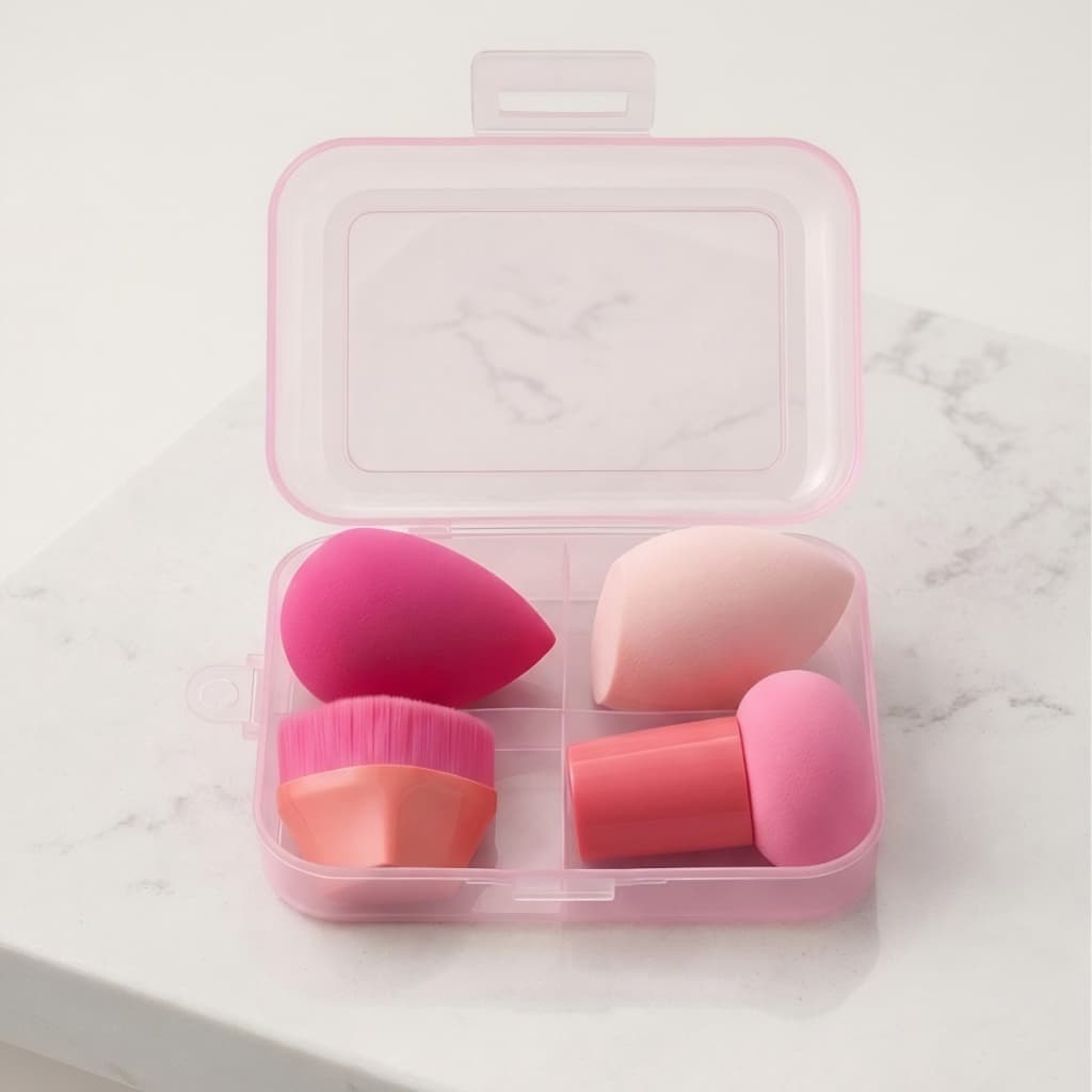 Kit com Pincel Kabuki Base e Esponja de Maquiagem Mágico Hexagonal, Cerdas Densas + Esponja Macia, Para Base/Corretivo/P
