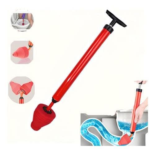 Desentupidor Manual Alta Pressão para Ralos Vaso Sanitário Vermelho em Aço Inoxidável e Plástico 60cm x 9cm Eficiente e