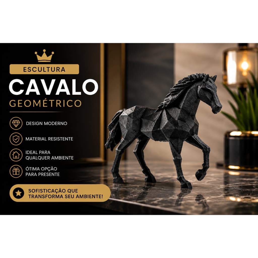 Escultura Cavalo Geométrico Decorativo Preto Luxo Moderno Minimalista