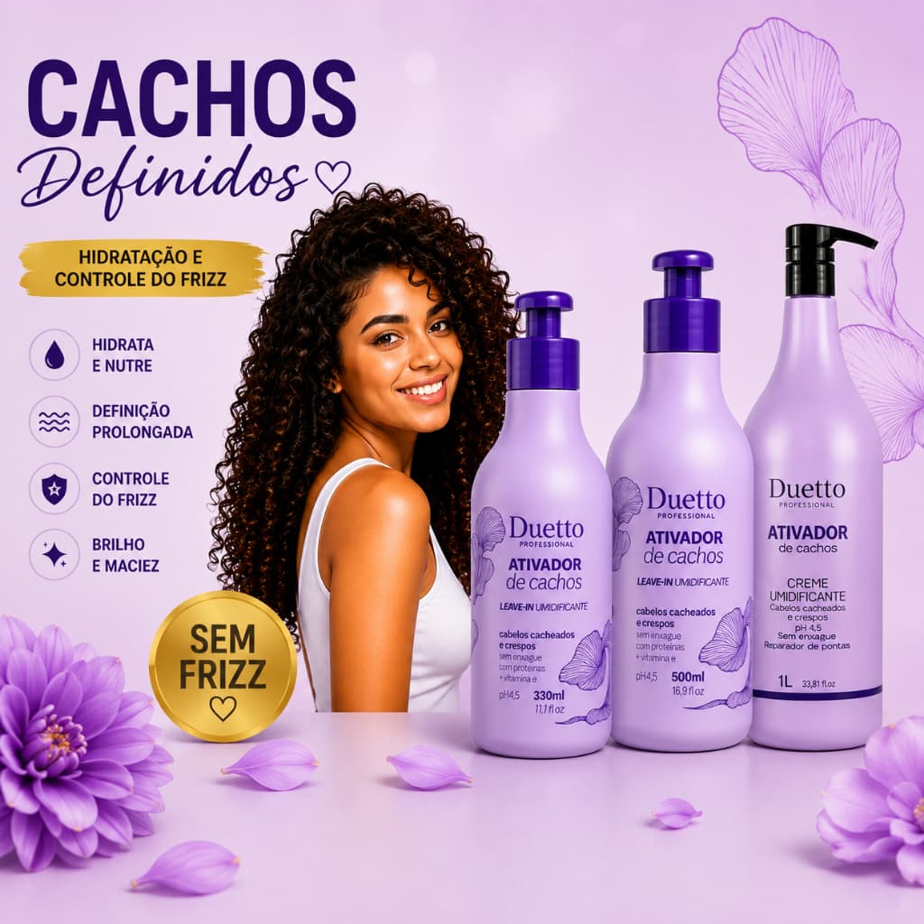 Ativador de Cachos Duetto Professional Creme Leave in Umidificador  Controle de frizz e Maciez