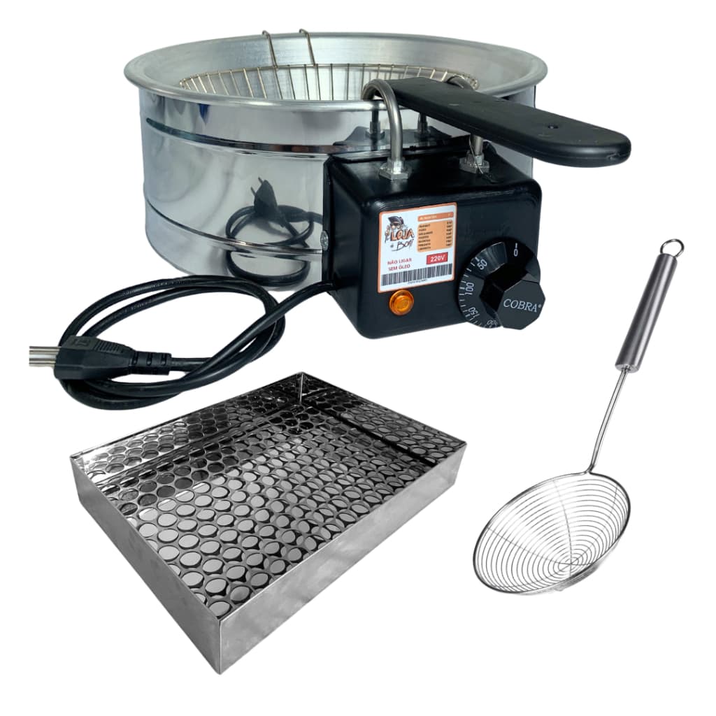 Fritadeira Elétrica Tacho Profissional 5l inox com Alça Preta + Escorredor em Inox+ Escumadeira